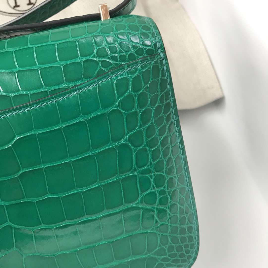 Luxury Hermes 6Q Emerald Green Shiny Crocodile Leather Constance18CM Bag Rose Gold Hardware