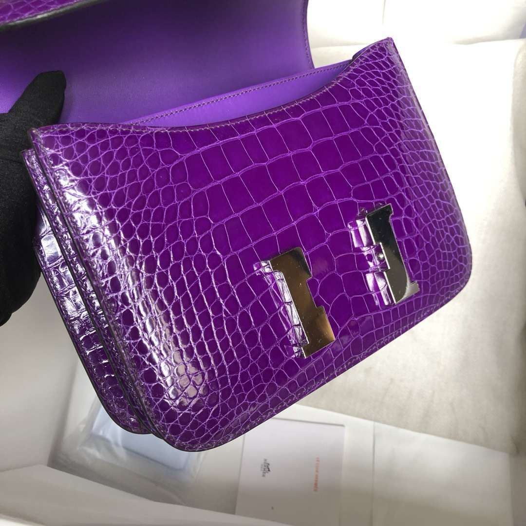 Noble Hermes 5L Ultraviolet Shiny Crocodile Leather Constance18CM Shoulder Bag Silver Hardware