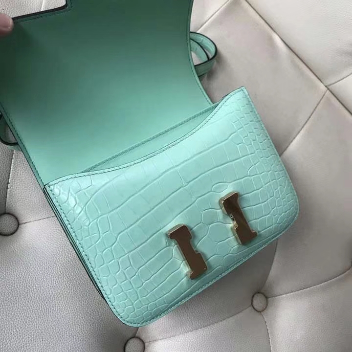 Fashion Hermes 6U Mint Green Alligator Matt Crododile Constance18CM Bag Rose Gold Hardware