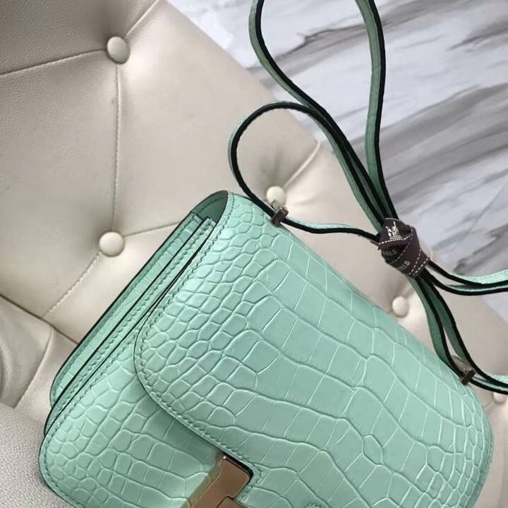 Fashion Hermes 6U Mint Green Alligator Matt Crododile Constance18CM Bag Rose Gold Hardware