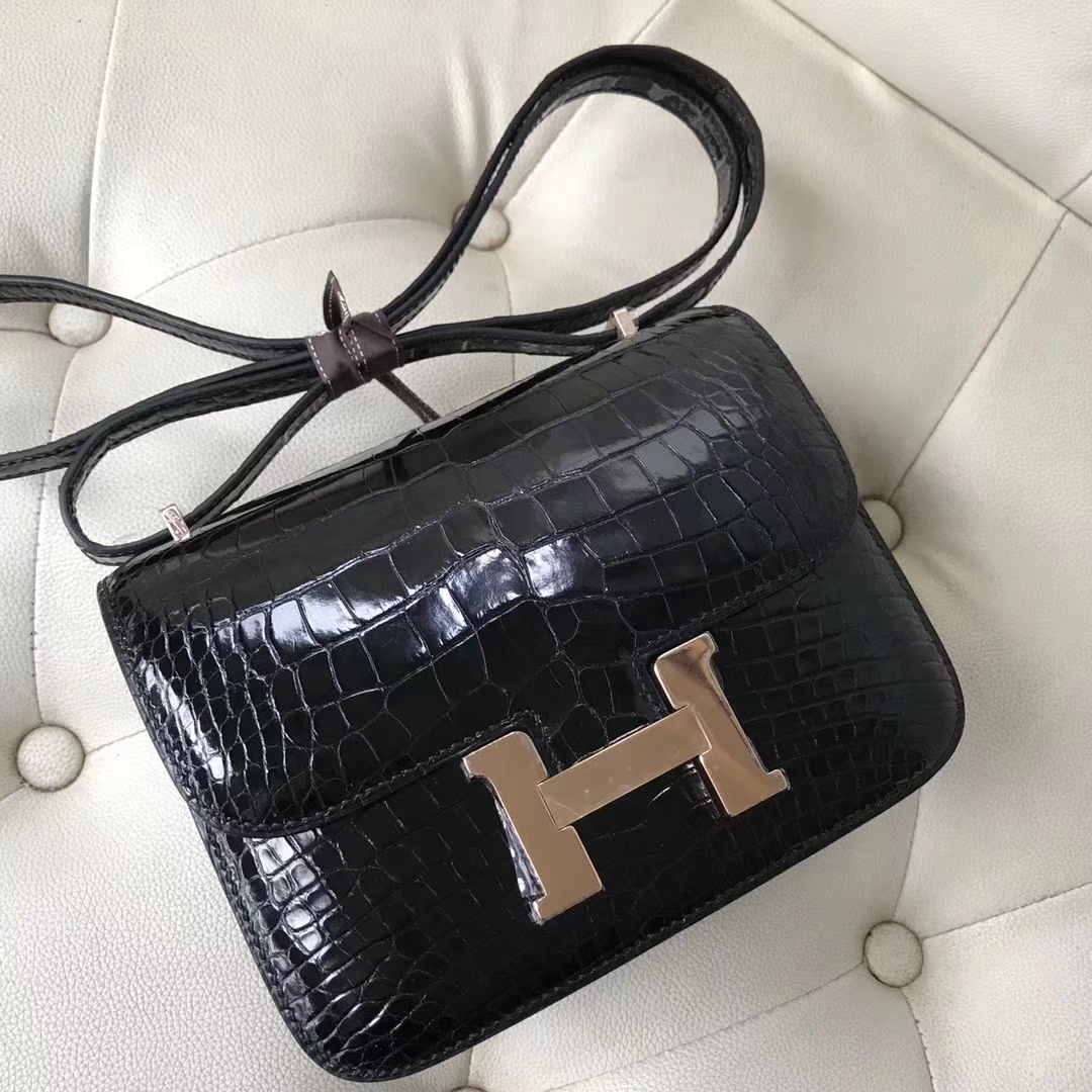 Elegant Hermes CK89 Black Shiny Crocodile Constance Bag18CM Rose Gold Hardware