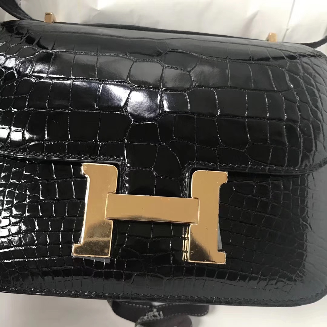 Discount Hermes CK89 Black Shiny Alligator Crododile Constance19CM Bag Gold Hardware