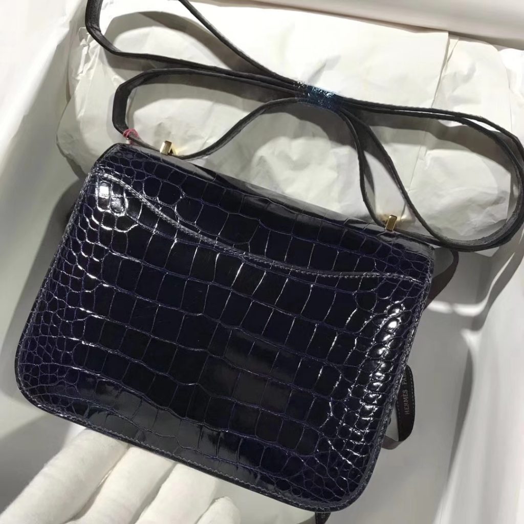 New Hermes 7K Blue Saphir Shiny Crocodile Constance Shoulder Bag18CM Gold Hardware