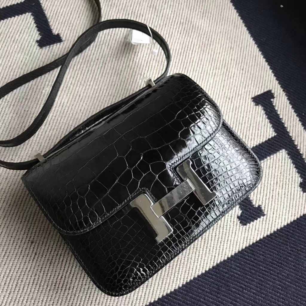 Wholesale Hermes Shiny Crocodile Constance19CM Bag in CK89 Black Silver Hardware