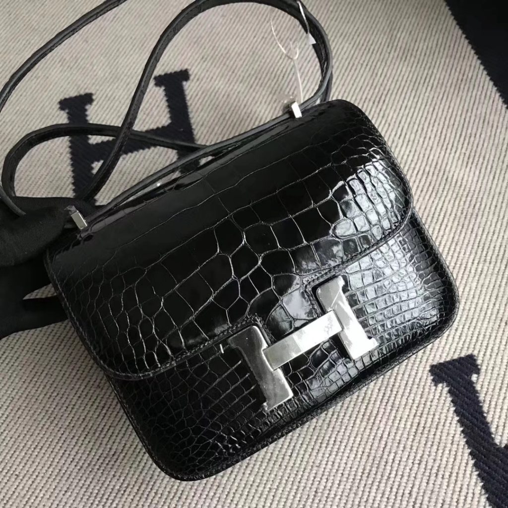 Wholesale Hermes Shiny Crocodile Constance19CM Bag in CK89 Black Silver Hardware