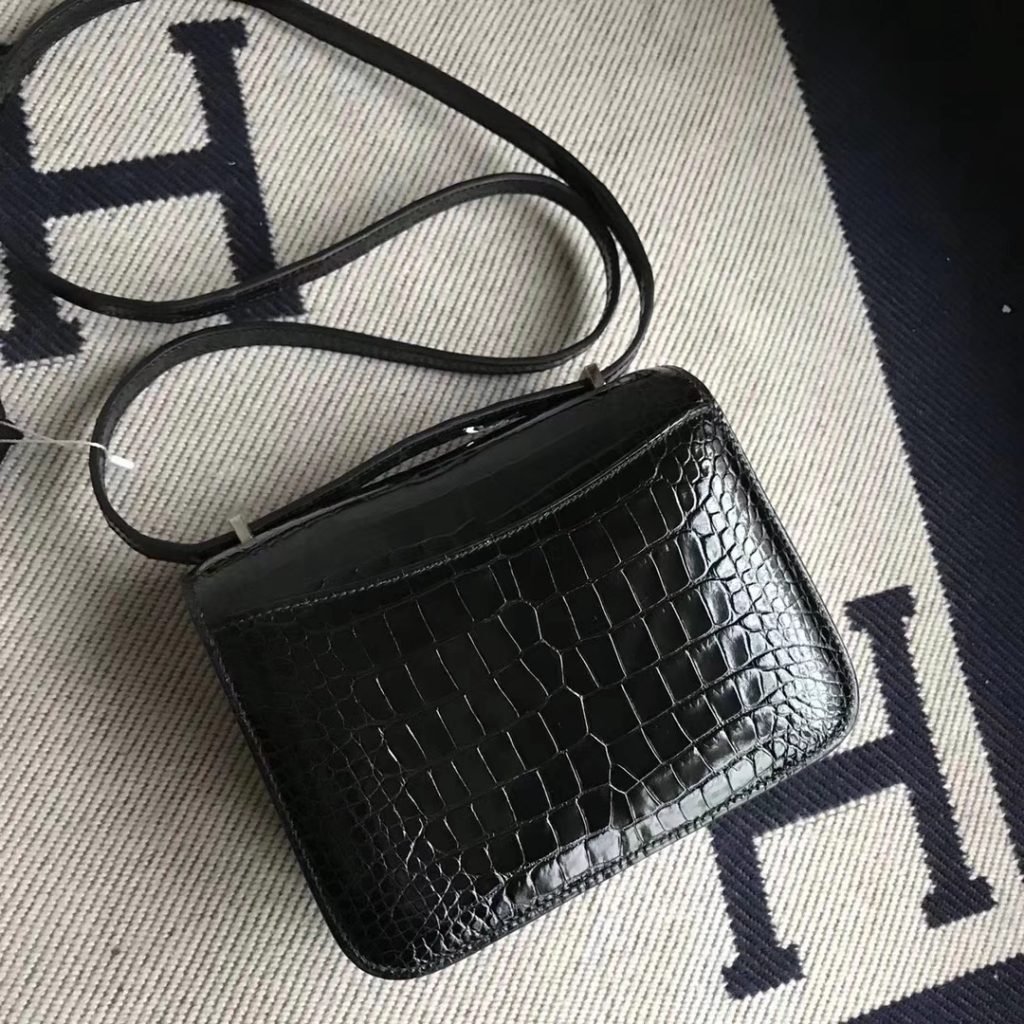 Wholesale Hermes Shiny Crocodile Constance19CM Bag in CK89 Black Silver Hardware