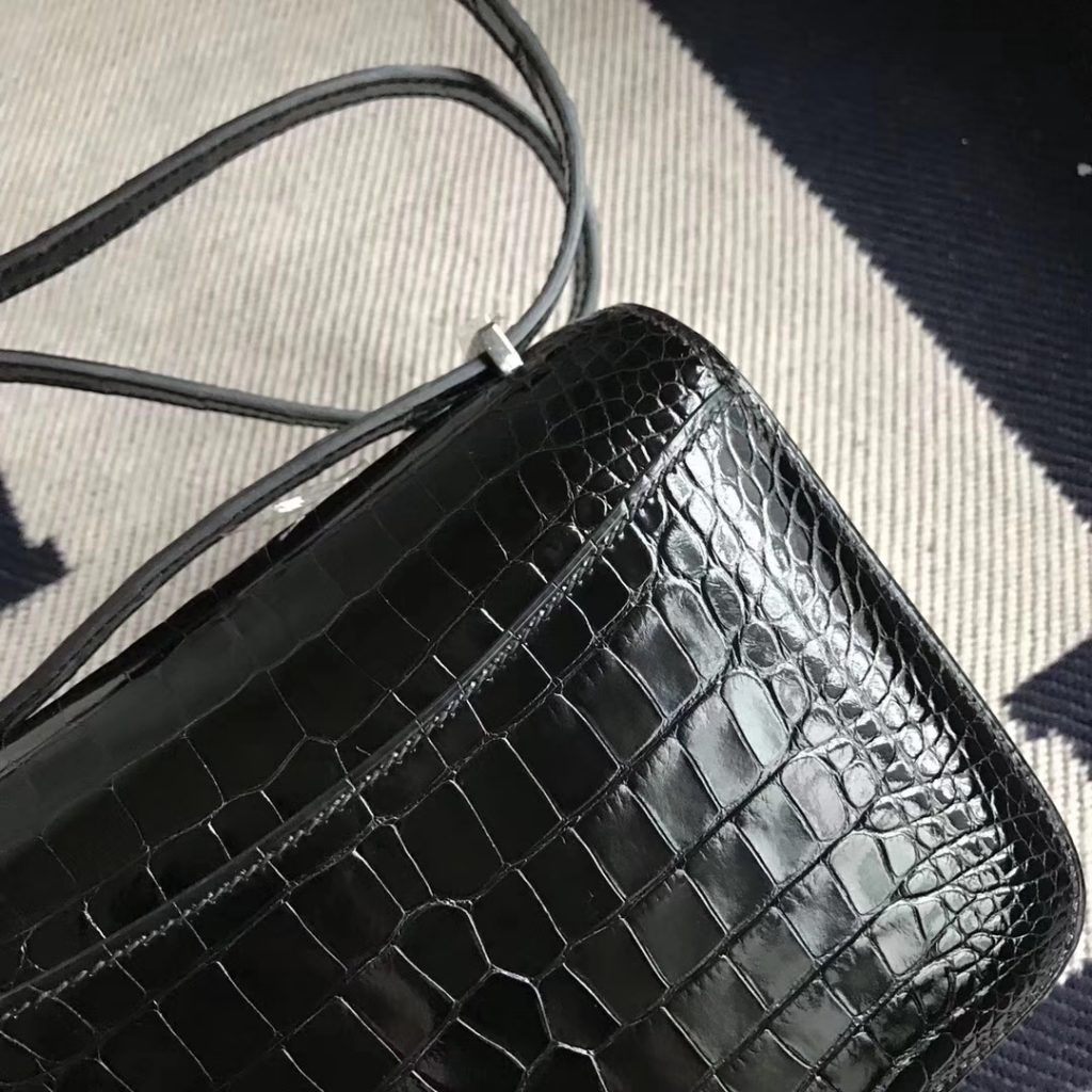 Wholesale Hermes Shiny Crocodile Constance19CM Bag in CK89 Black Silver Hardware