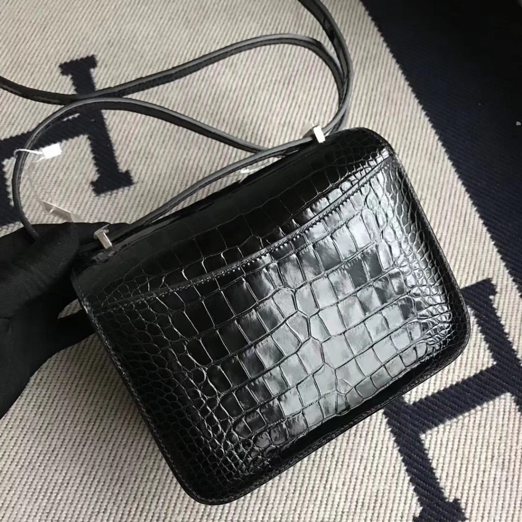 Wholesale Hermes Shiny Crocodile Constance19CM Bag in CK89 Black Silver Hardware