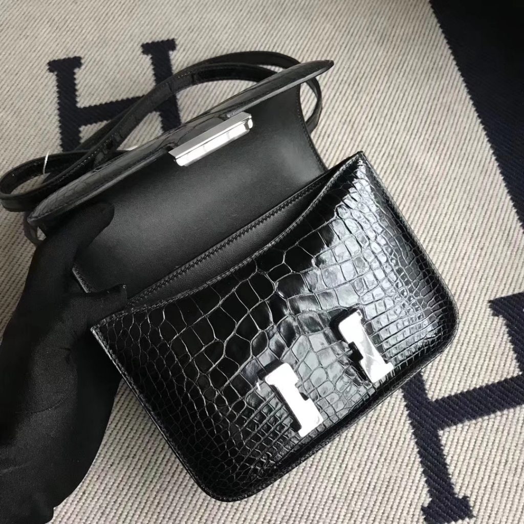Wholesale Hermes Shiny Crocodile Constance19CM Bag in CK89 Black Silver Hardware
