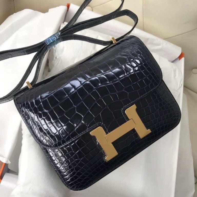 Hermes 7K Blue Saphir Shiny Crocodile Constance Bag 18CM Gold Hardware Shoulder Bag