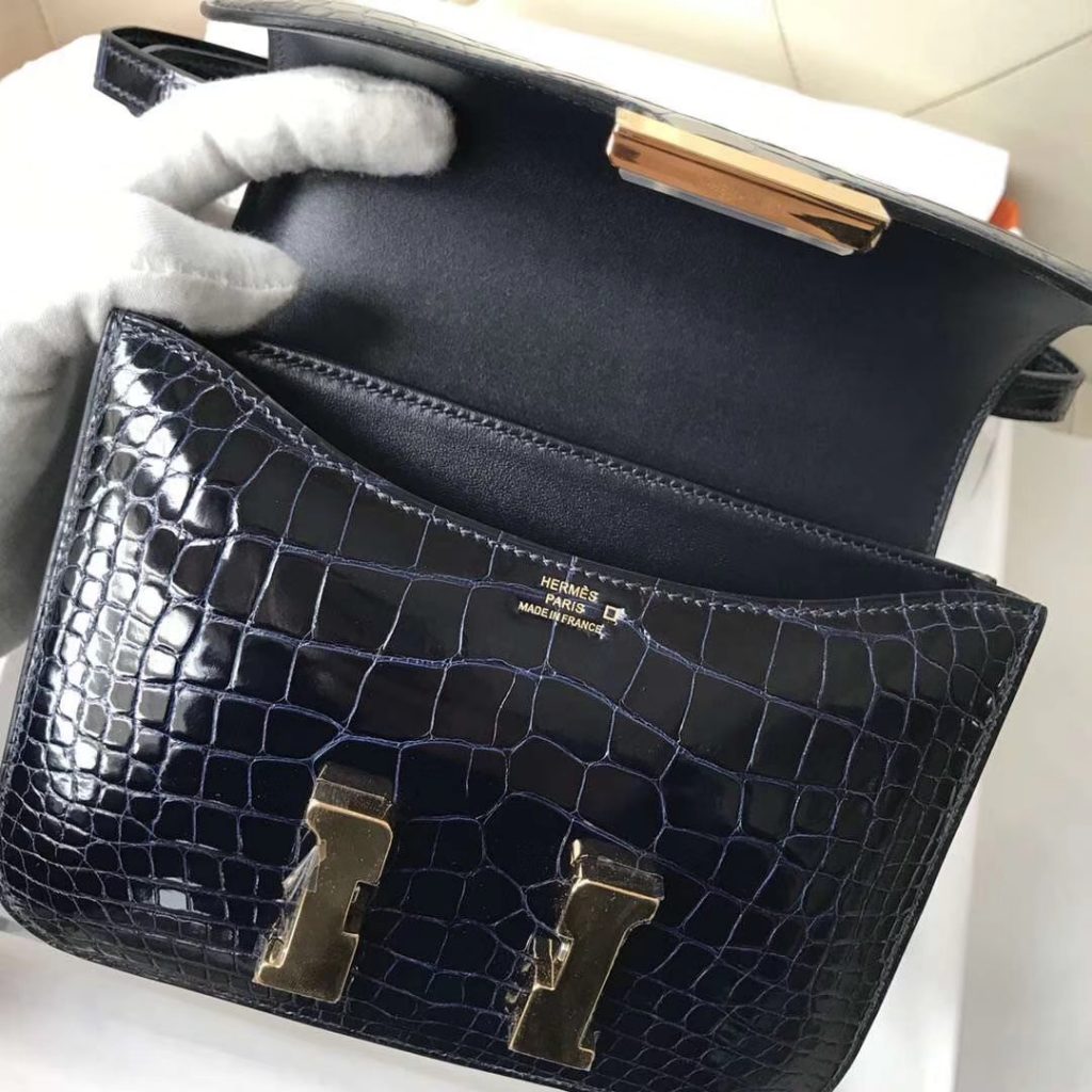 Wholesale Hermes 7K Blue Saphir Shiny Crocodile Constance Bag18CM Gold Hardware Shoulder Bag