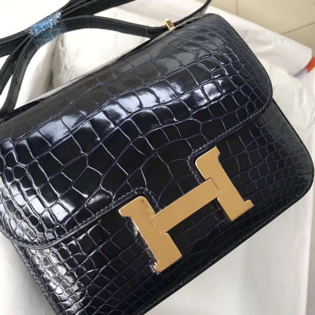 Wholesale Hermes 7K Blue Saphir Shiny Crocodile Constance Bag18CM Gold Hardware Shoulder Bag