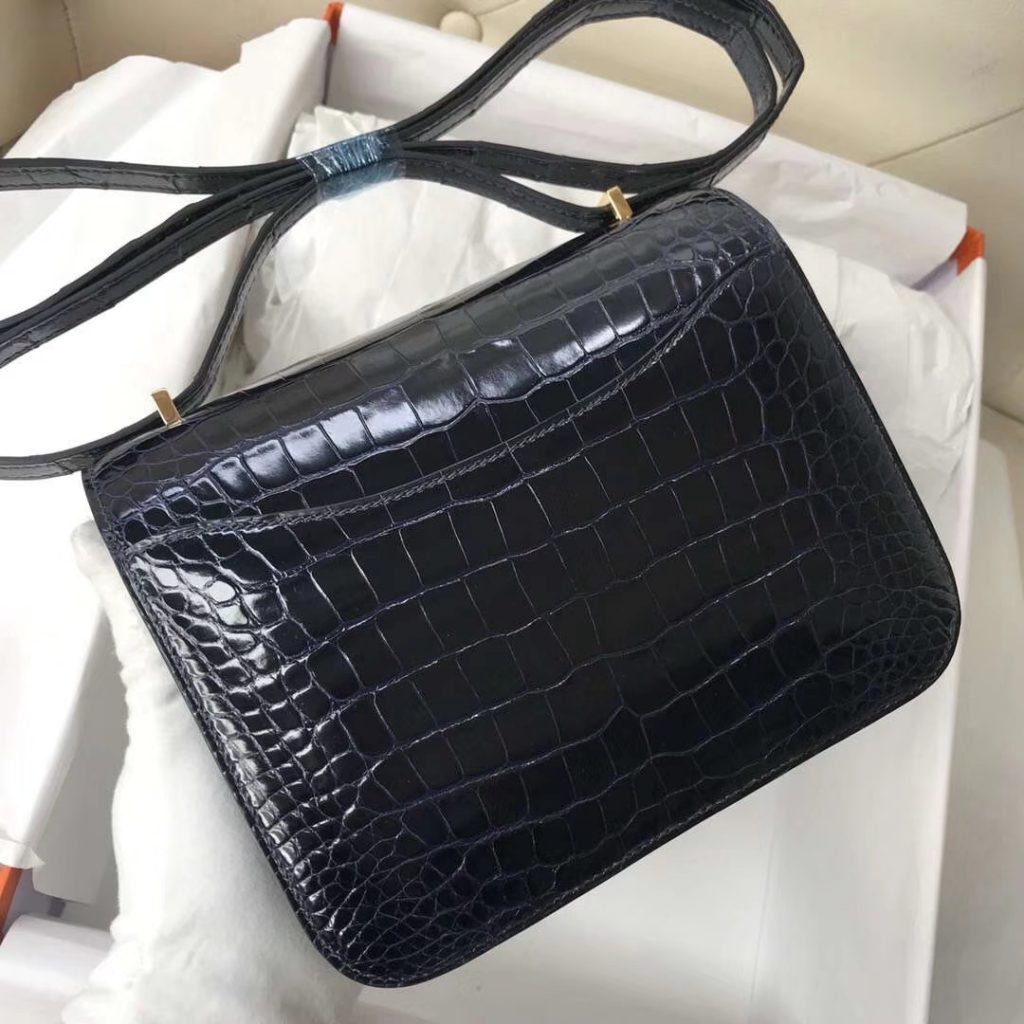 Wholesale Hermes 7K Blue Saphir Shiny Crocodile Constance Bag18CM Gold Hardware Shoulder Bag