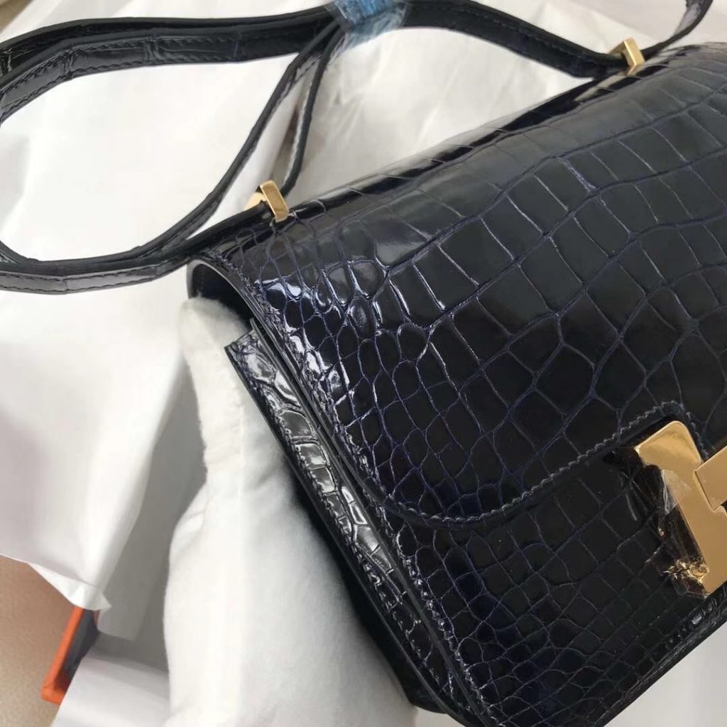 Wholesale Hermes 7K Blue Saphir Shiny Crocodile Constance Bag18CM Gold Hardware Shoulder Bag