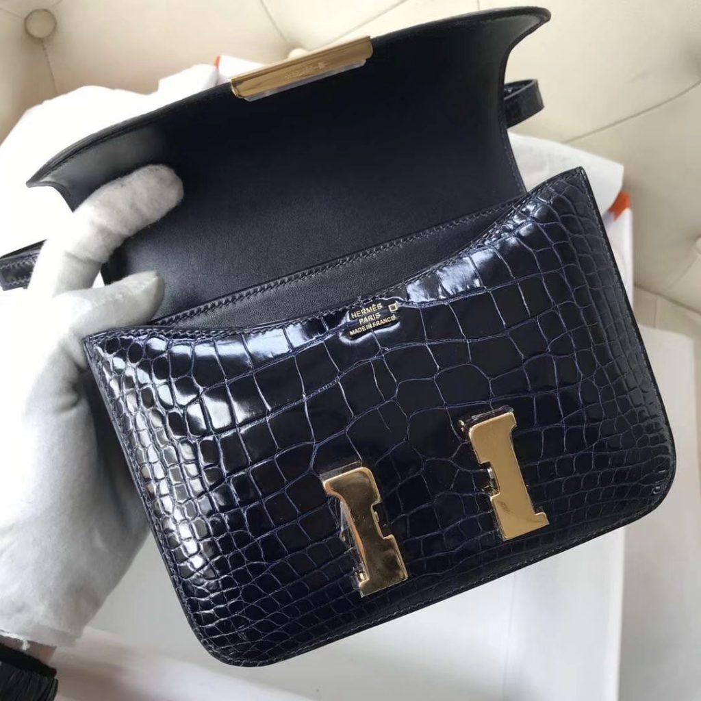 Wholesale Hermes 7K Blue Saphir Shiny Crocodile Constance Bag18CM Gold Hardware Shoulder Bag