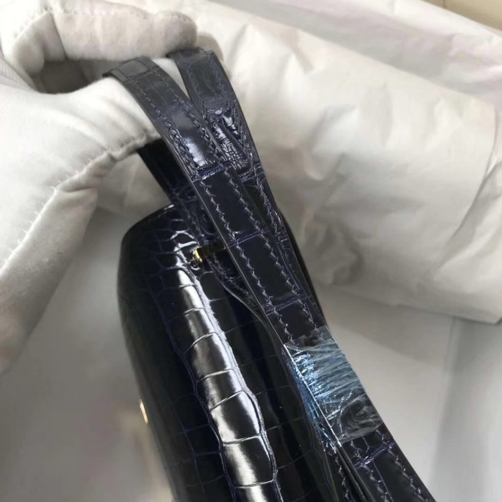 Wholesale Hermes 7K Blue Saphir Shiny Crocodile Constance Bag18CM Gold Hardware Shoulder Bag