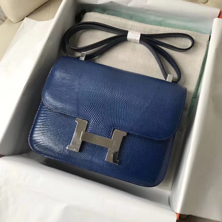 Hermes 7Q Blue Mykonos Lizard Leather Constance 23CM Shoulder Bag Silver Hardware