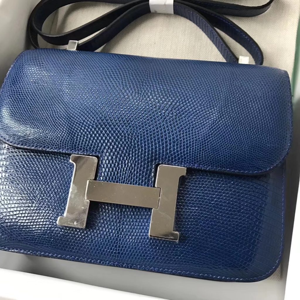 Discount Hermes 7Q Blue Mykonos Lizard Leather Constance23CM Shoulder Bag Silver Hardware