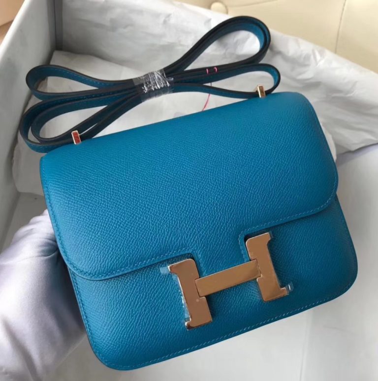 Hermes 7W Blue Izmir/U4 Vert Verigo inner Constance 18CM Shoulder Bag  Rose Gold Hardware