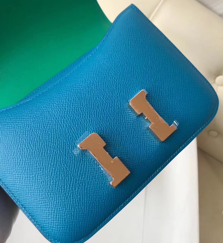 Elegant Hermes 7W Blue Izmir/U4 Vert Verigo inner Constance18CM Shoulder Bag  Rose Gold Hardware