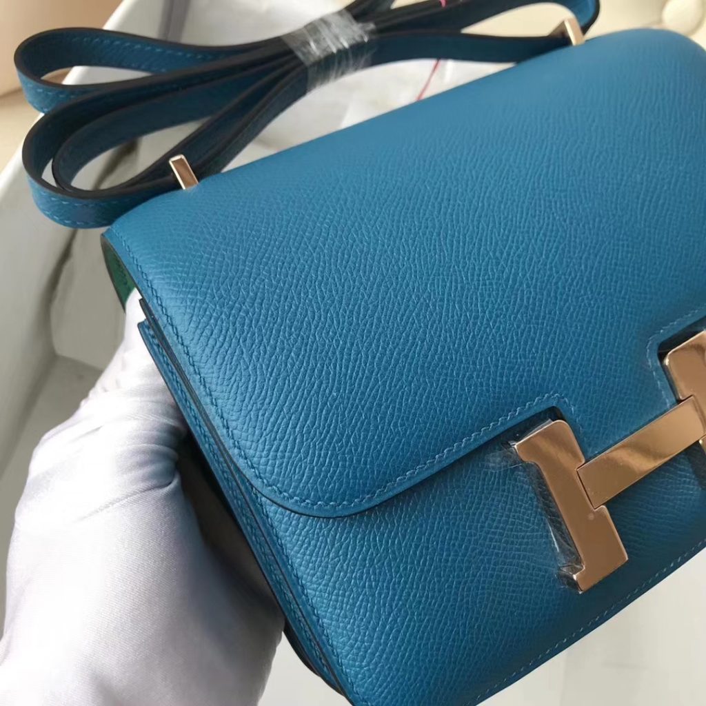 Elegant Hermes 7W Blue Izmir/U4 Vert Verigo inner Constance18CM Shoulder Bag  Rose Gold Hardware