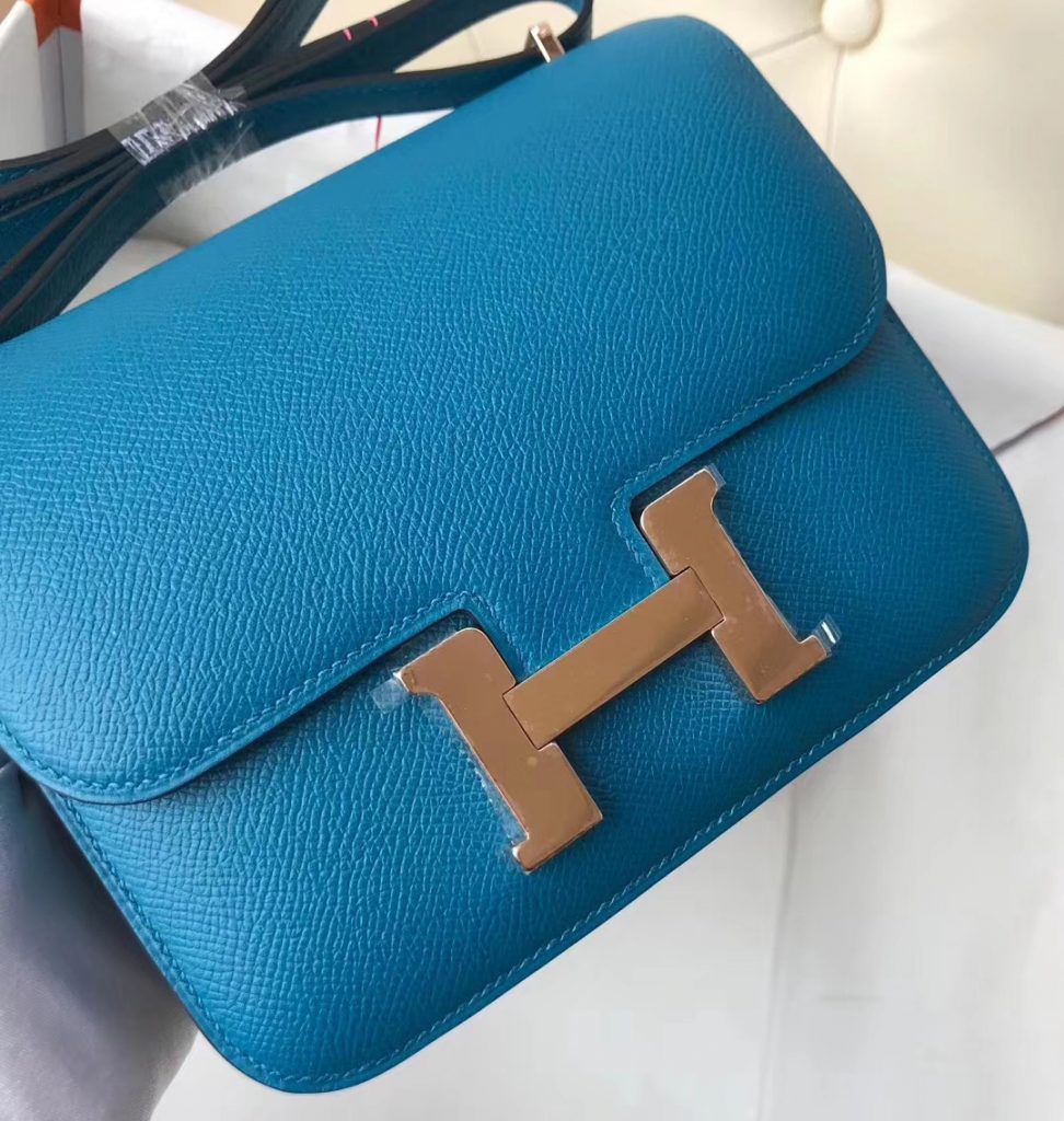 Elegant Hermes 7W Blue Izmir/U4 Vert Verigo inner Constance18CM Shoulder Bag  Rose Gold Hardware