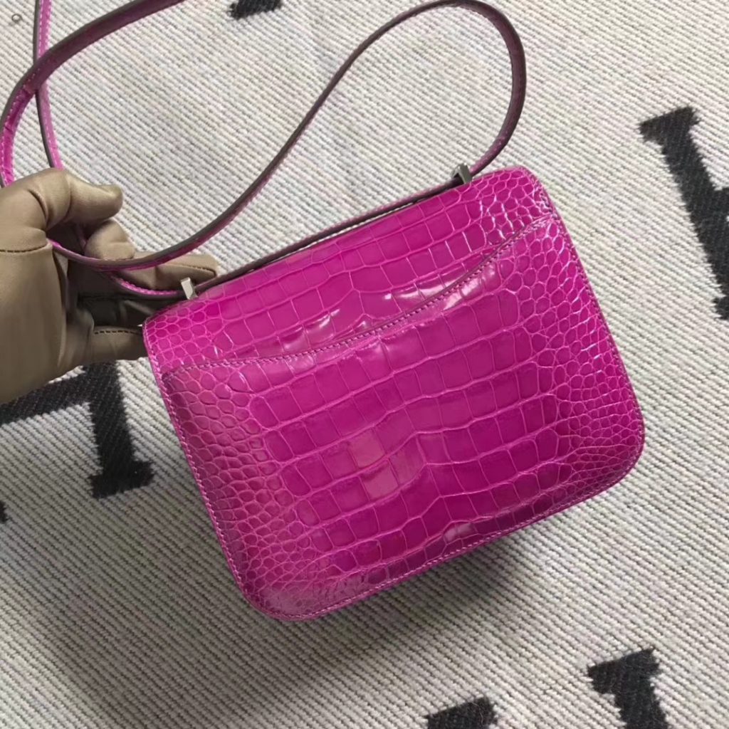 Pretty Hermes J5 Rose Scheherazade Shiny Crocodile Constance Bag19CM Silver Hardware