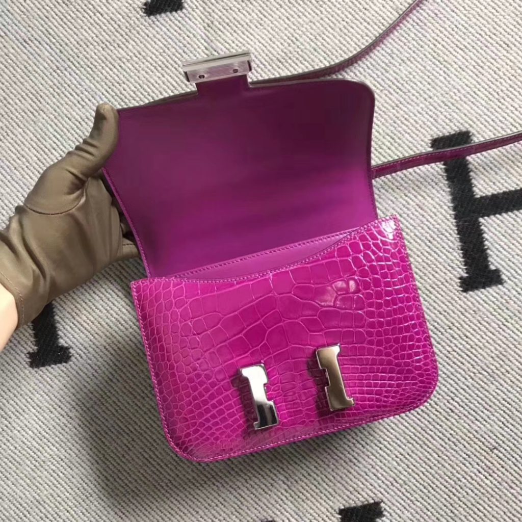 Pretty Hermes J5 Rose Scheherazade Shiny Crocodile Constance Bag19CM Silver Hardware