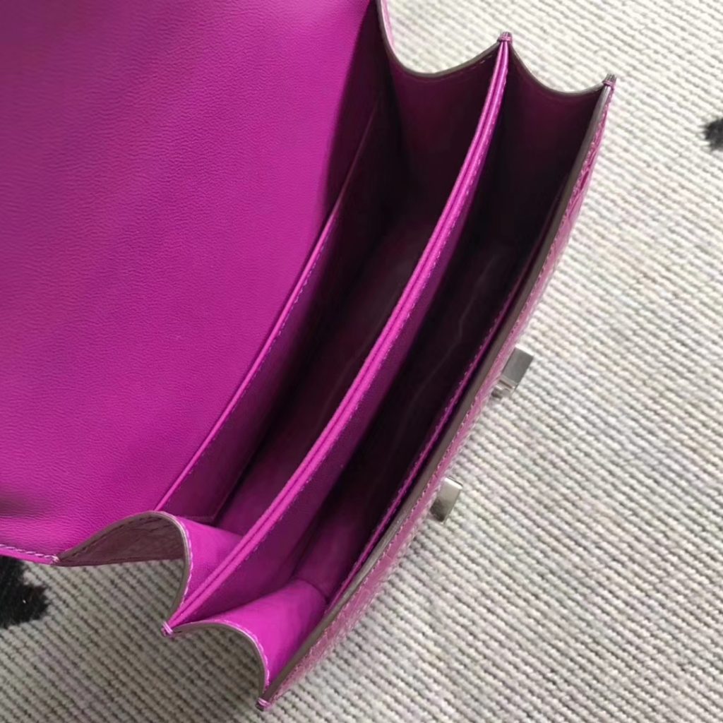 Pretty Hermes J5 Rose Scheherazade Shiny Crocodile Constance Bag19CM Silver Hardware