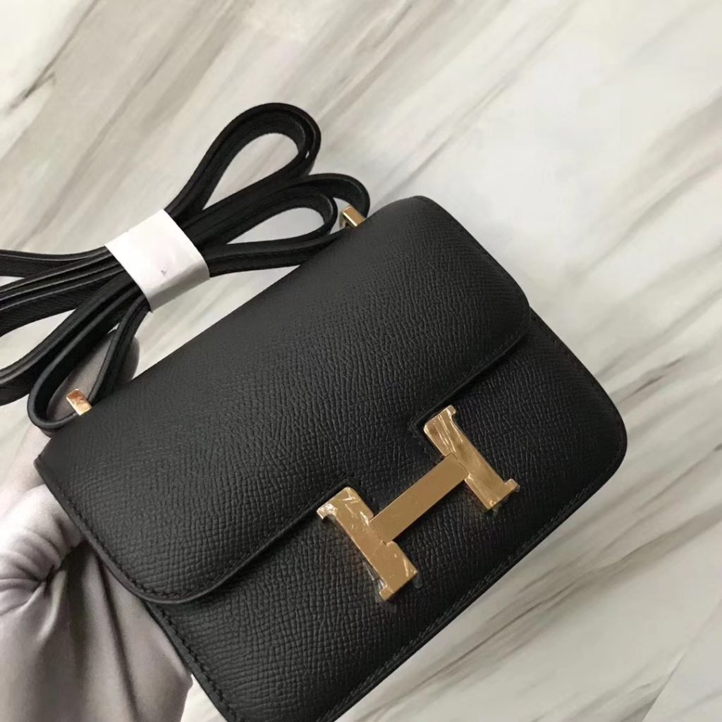 Lovely Hermes CK89 Black Epsom Calf Mini Constance Bag14CM Shoulder Bag Gold Hardware
