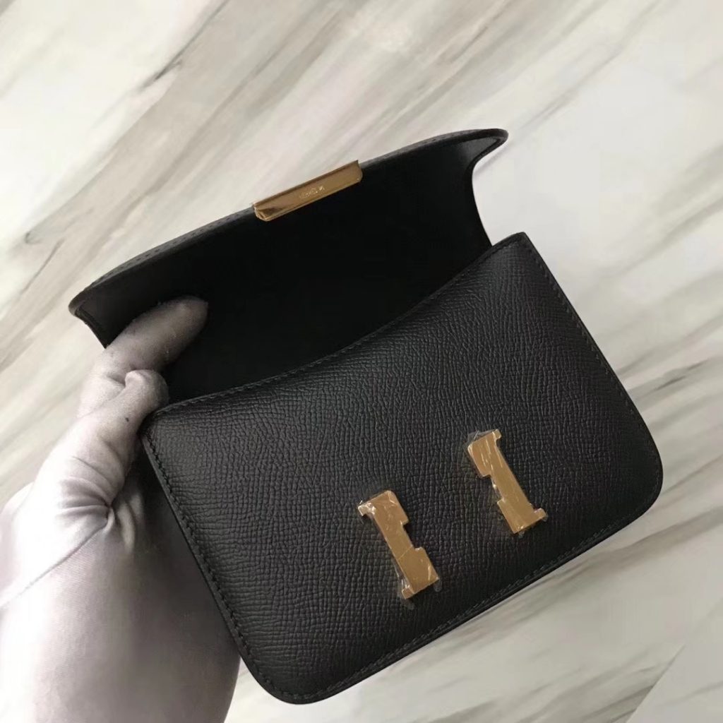 Lovely Hermes CK89 Black Epsom Calf Mini Constance Bag14CM Shoulder Bag Gold Hardware