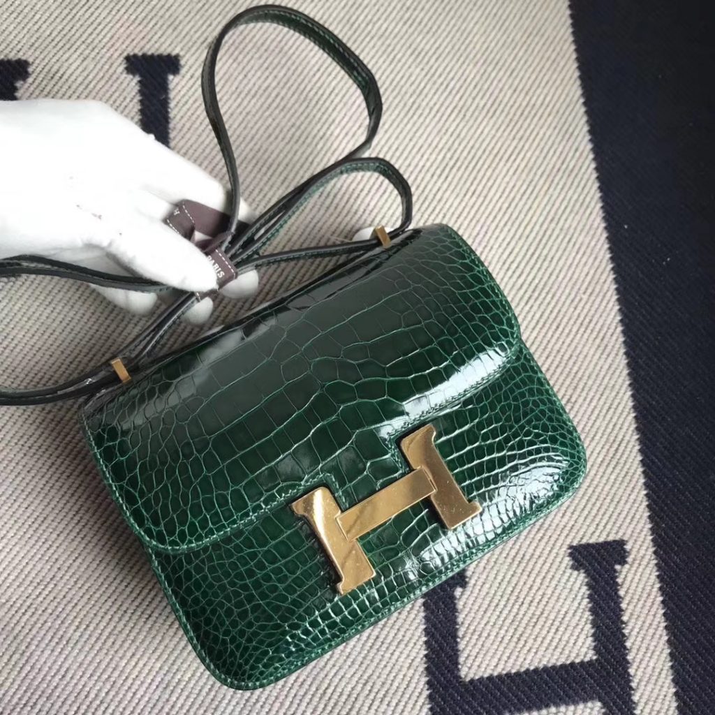 Luxury Hermes CK67 Vert Fonce Shiny Crocodile Constance Bag18CM Gold Hardware