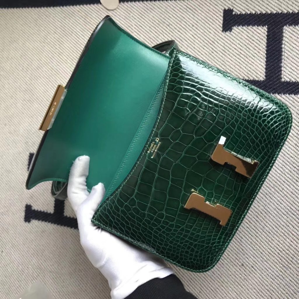 Luxury Hermes CK67 Vert Fonce Shiny Crocodile Constance Bag18CM Gold Hardware