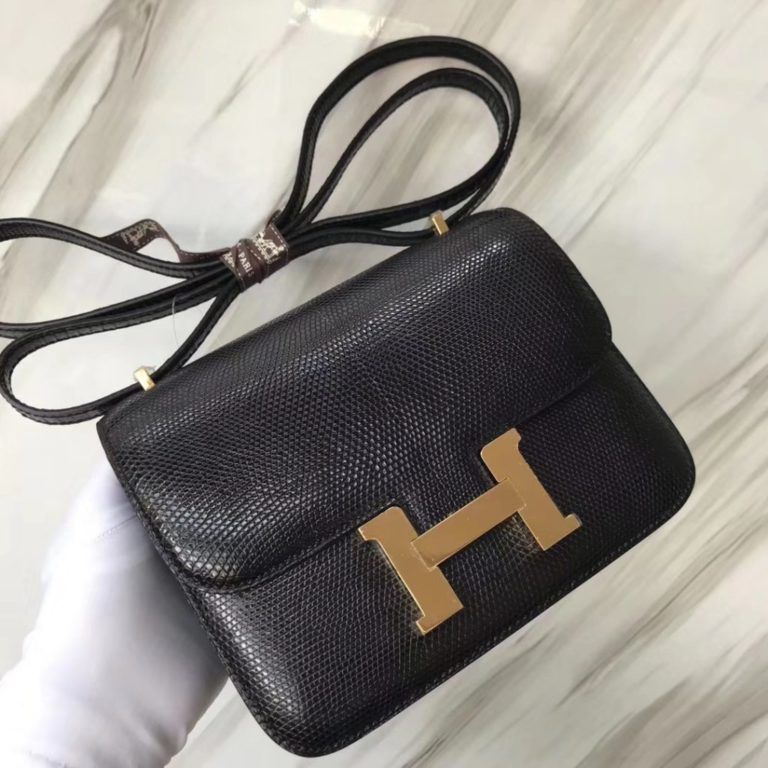 Hermes CK89 Noir Shiny Lizard Constance Bag 18CM Shoulder Bag Gold Hardware