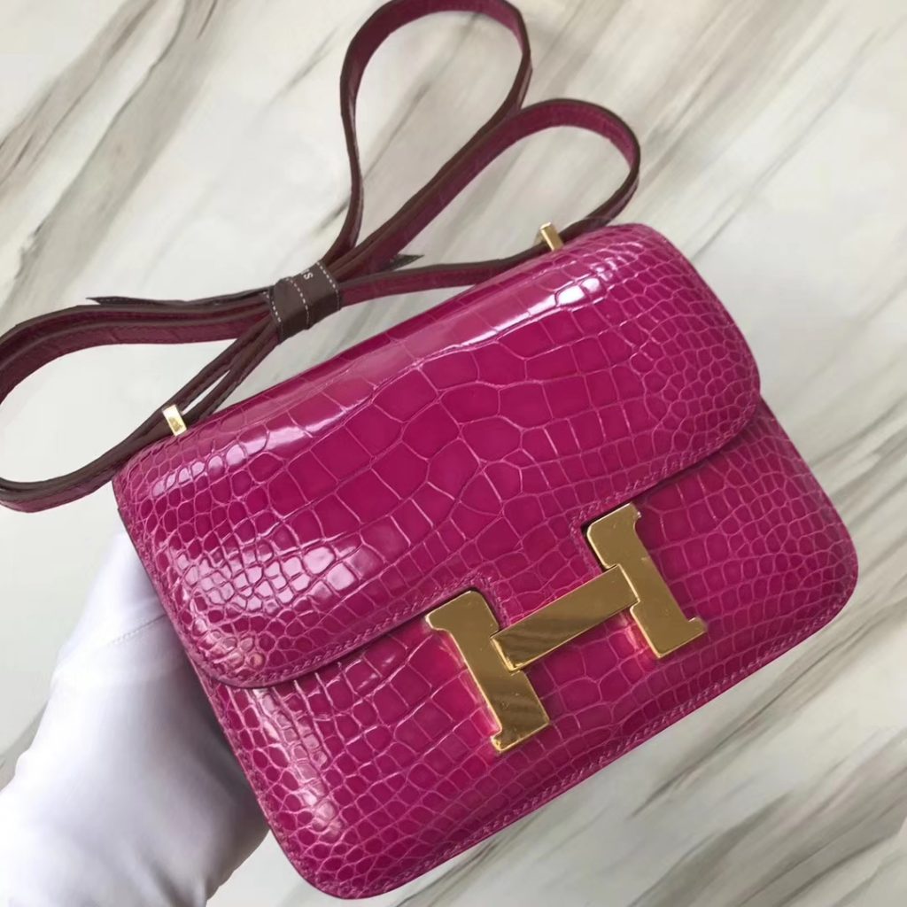 Luxury Hermes Constance Shoulder Bag18CM J5 Rose Scheherazade Shiny Crocodile Gold Hardware