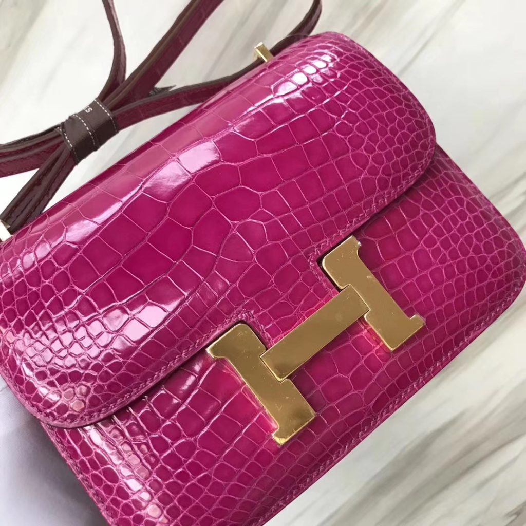 Luxury Hermes Constance Shoulder Bag18CM J5 Rose Scheherazade Shiny Crocodile Gold Hardware