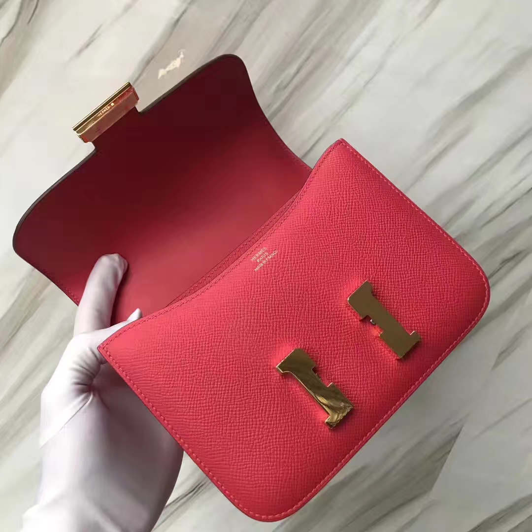 Stock Pretty Hermes Epsom Calf Constance Bag18CM i6 Rose Extreme Gold Hardware