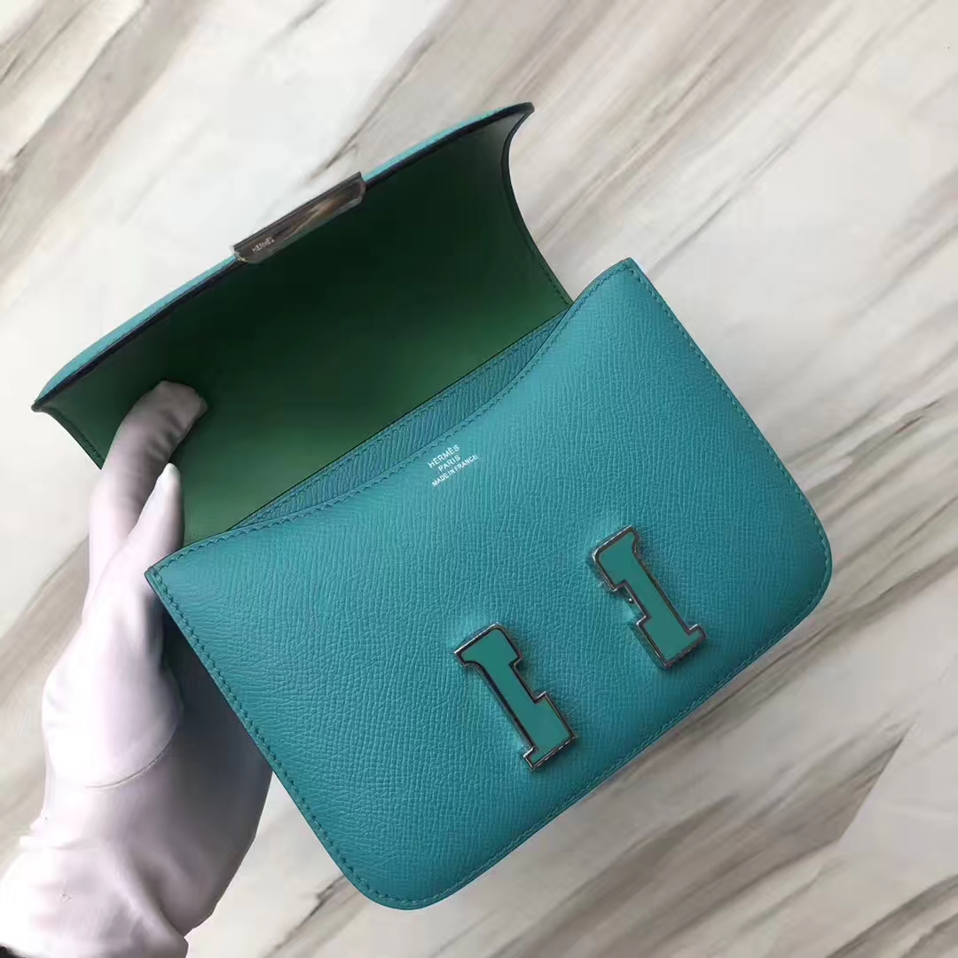 Stock Fashion Hermes Constance18CM Bag 7F Blue Paon Epsom Calf Mint Green Inner