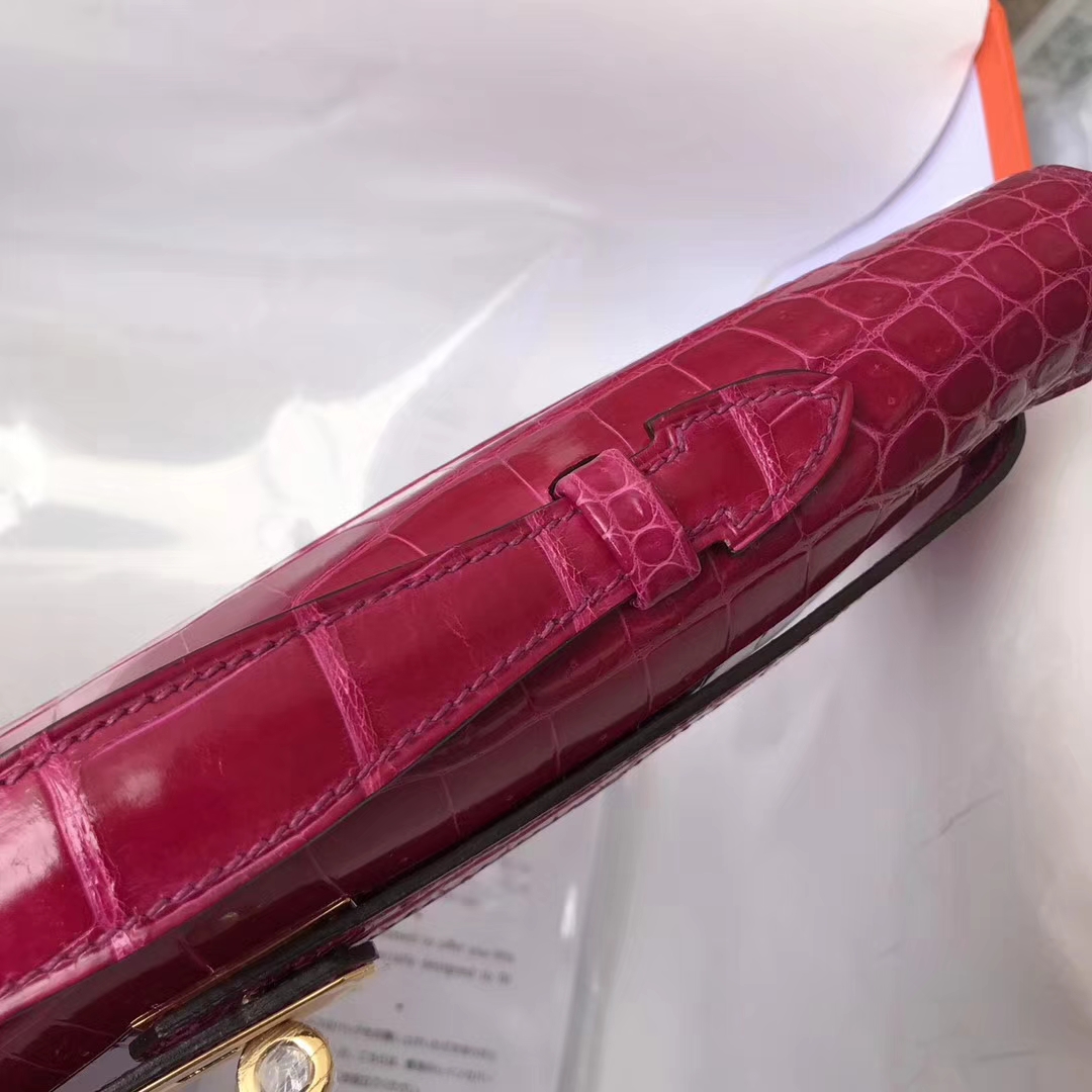 Noble Hermes J5 Rose Scheherazade Porosus Shiny Crocodile Kelly Cut Clutch Bag31CM