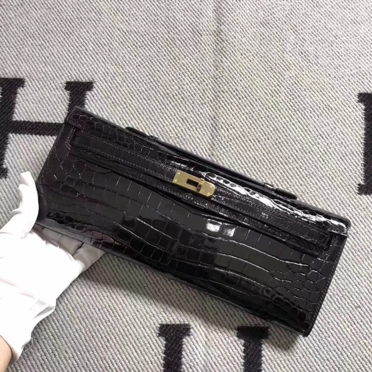 Hermes CK89 Black Shiny Crocodile Leather Kelly Cut Clutch Bag