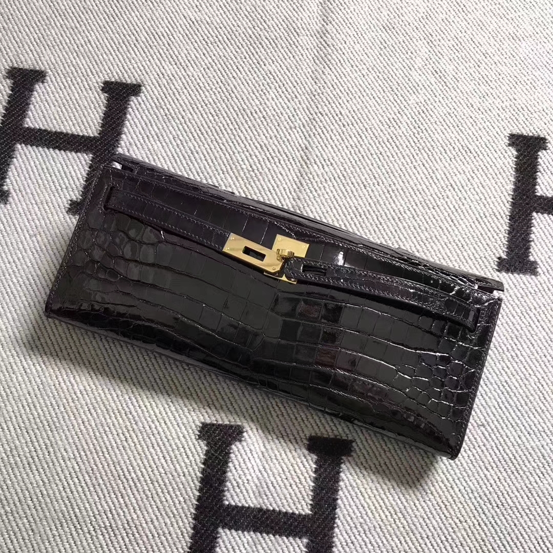 Elegant Hermes CK89 Black Shiny Crocodile Leather Kelly Cut Clutch Bag