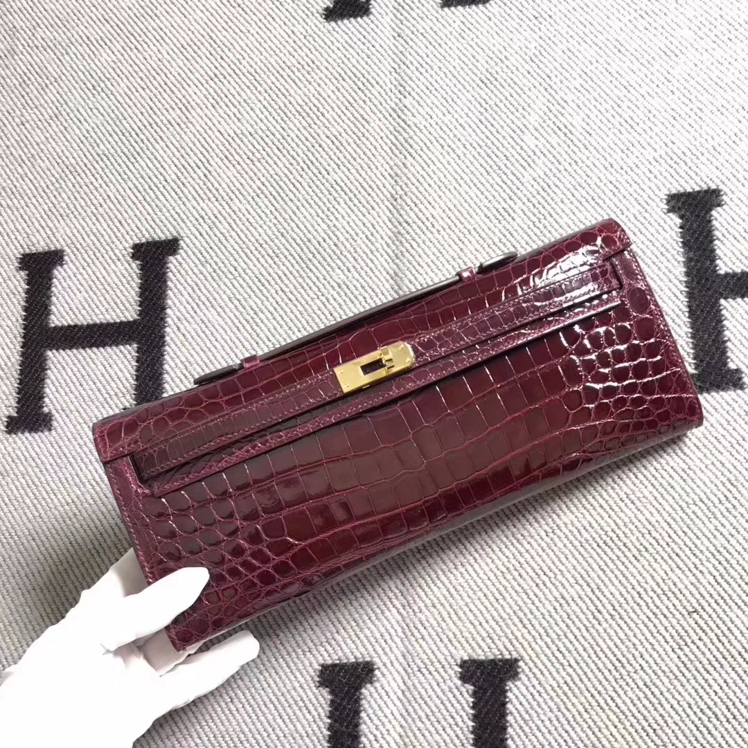 Wholesale Hermes Niloticus Shiny Crocodile Kelly Cut Evening Bag in Bordeaux