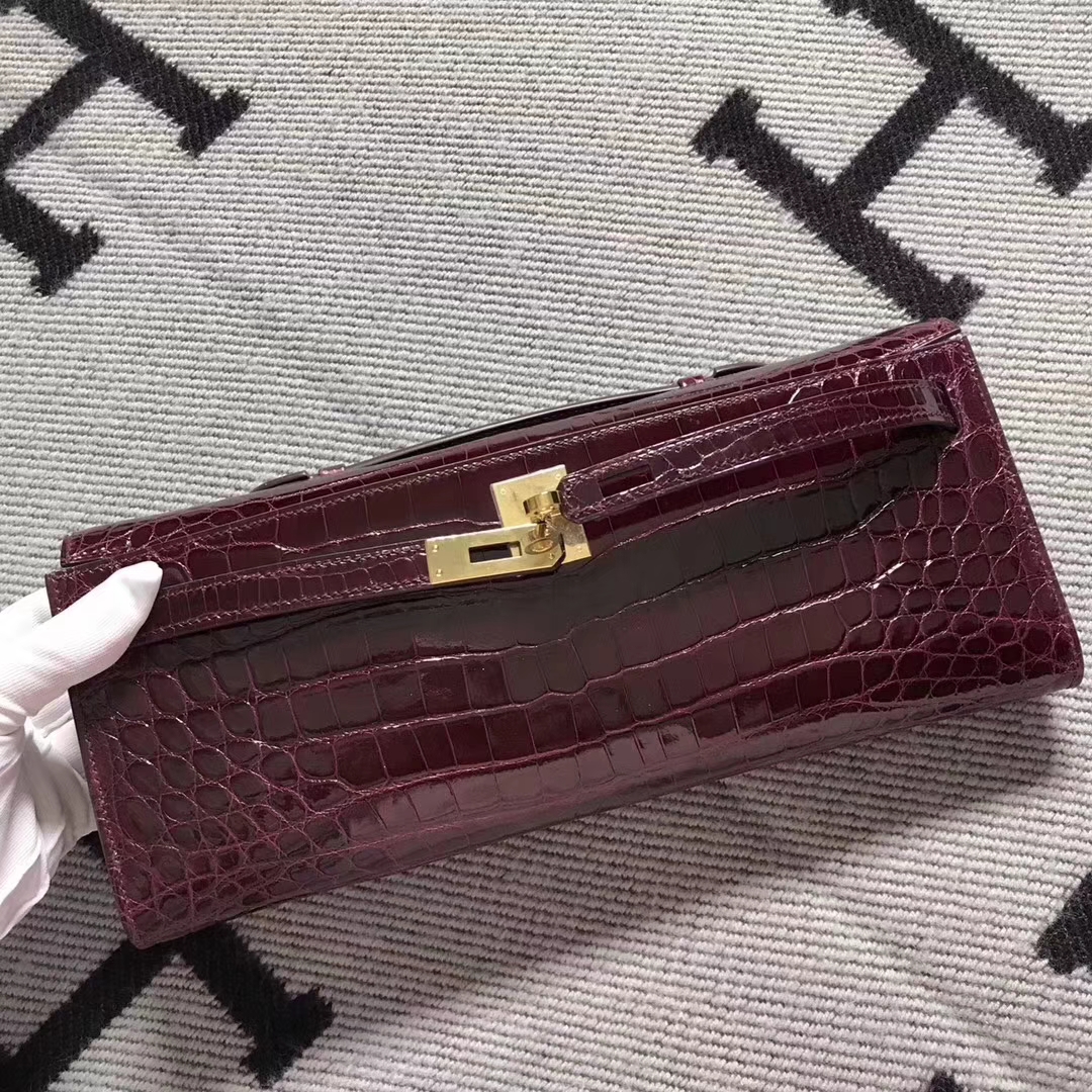 Wholesale Hermes Niloticus Shiny Crocodile Kelly Cut Evening Bag in Bordeaux