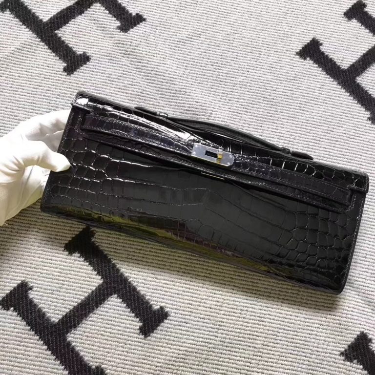 On Hermes CK89 Black Shiny Crocodile Leather Kelly Cut Clutch Bag 31CM