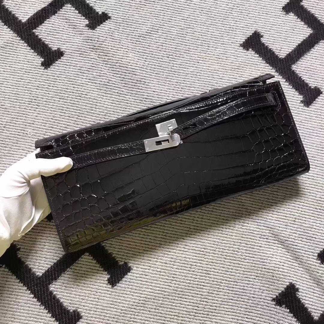 On Sale Hermes CK89 Black Shiny Crocodile Leather Kelly Cut Clutch Bag31CM