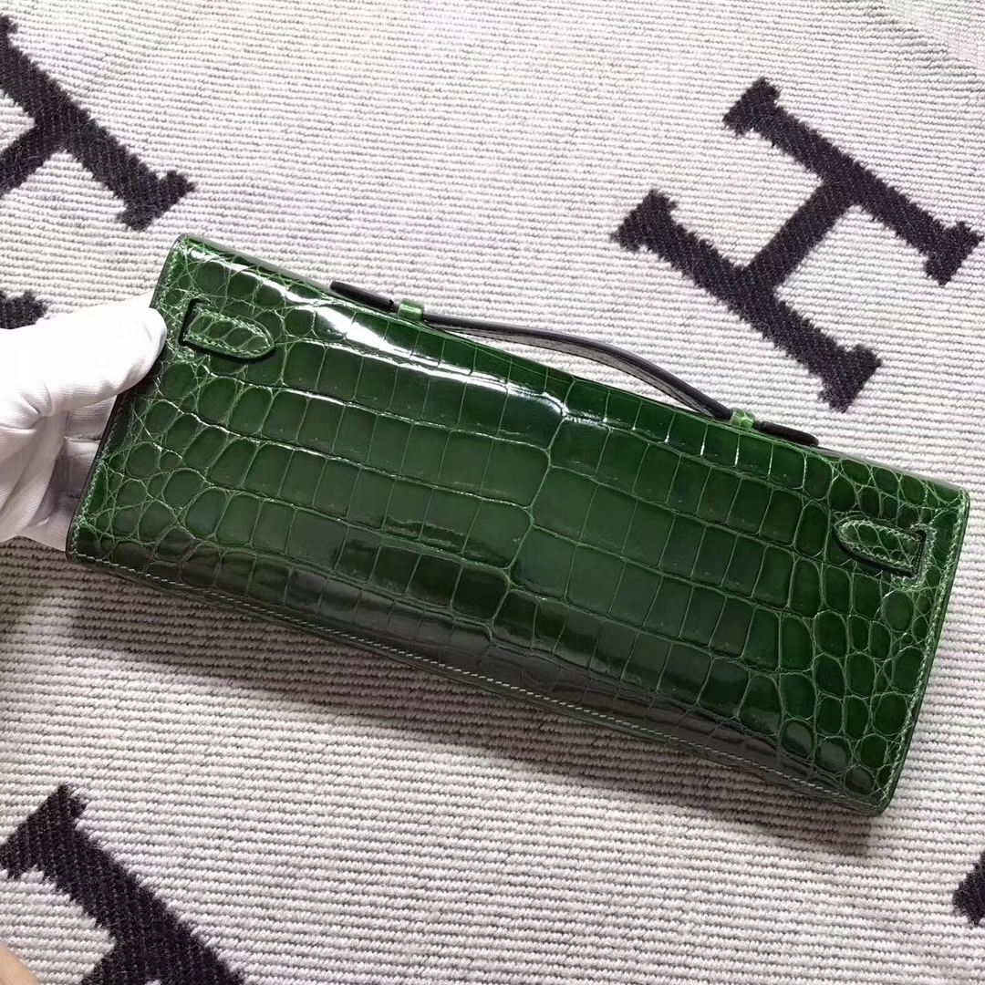 Noble Hermes Emerald Green Shiny Crocodile Leather Kelly Cut Clutch Bag31CM