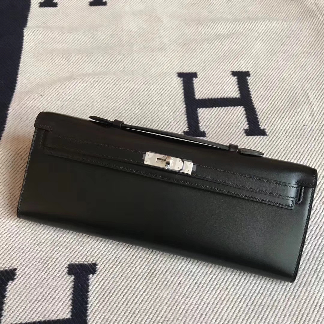 Discount Hermes Black Box Calfskin Kelly Cut Clutch Bag Evening Bag31CM