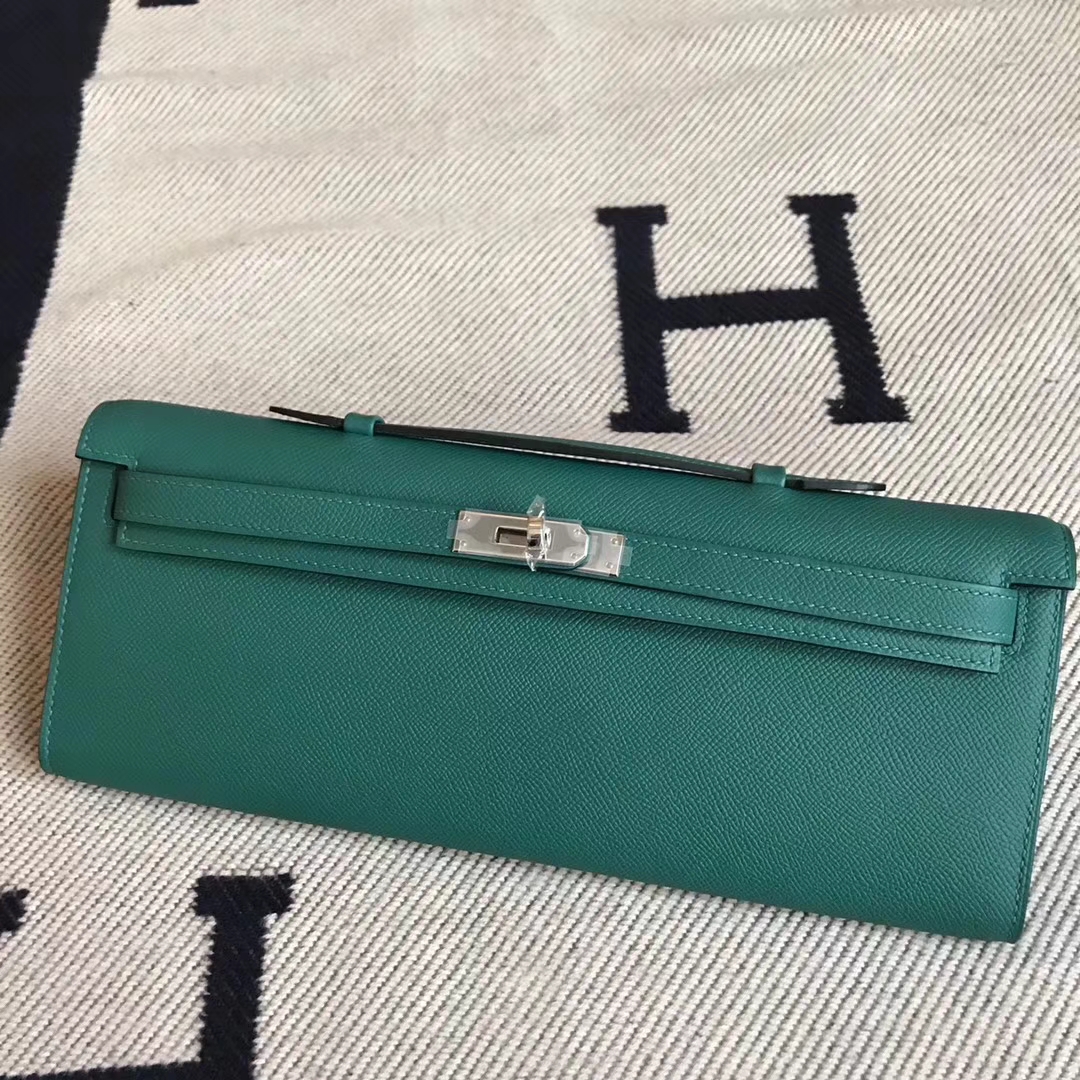 On Sale Hermes Malachite Green Epsom Calfskin Leather Kelly Cut Clutch Bag