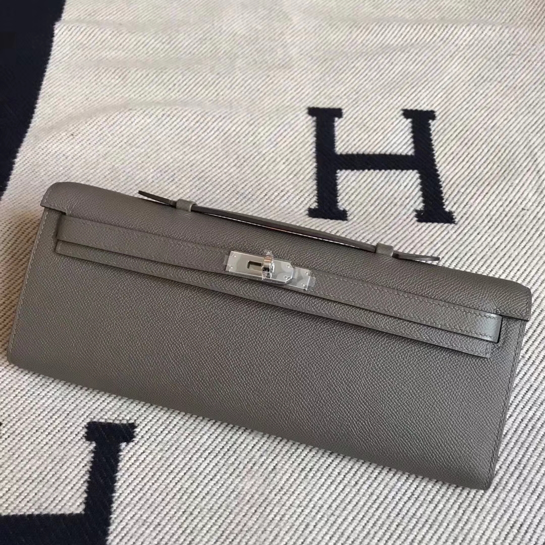 Sale Hermes Grey Epsom Calfskin Leather Kelly Cut Clutch Bag Silver Hardware
