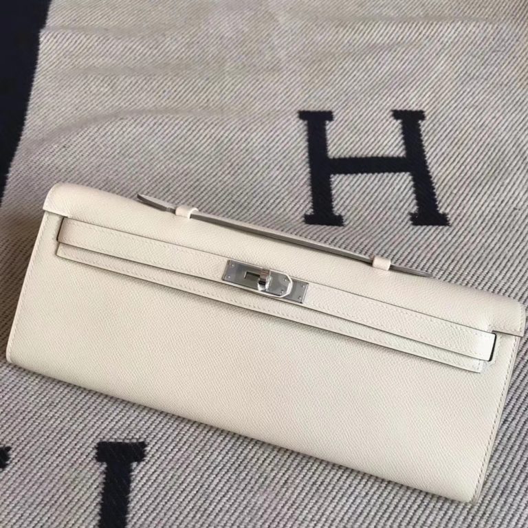 Hermes Epsom Calfskin Leather Kelly Cut in Craie White Silver Hardware